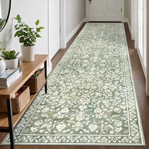 Vintage Runner Rugs for Hallway 3x10, Sage Green Beige Washable Long Hallway Runner Rug Non Slip, Super Soft Kitchen Runner Rug, Print Faux Wool Floral Thin Carpet Runner for Entryway Bedroom