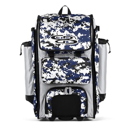 Boombah Rolling Catchers Superpack Baseball/Softball Gear Bag - Telescopic Handle and Holds 4 Bats - Wheeled Version - Digital Camo White/Royal Blue