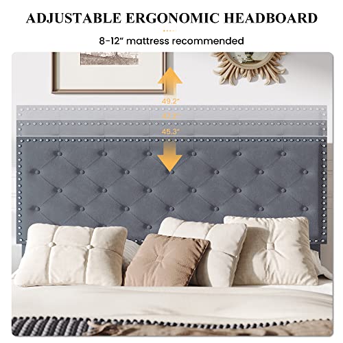 Sha Cerlin Queen Size Velvet Bed Frame, Upholstered Platform Bed With Adjustable Diamond Button Tufted Headboard, Rivet Ornament, Wood Slat Support, No Box Spring Needed, Easy Assembly, Silver Grey #TOP4