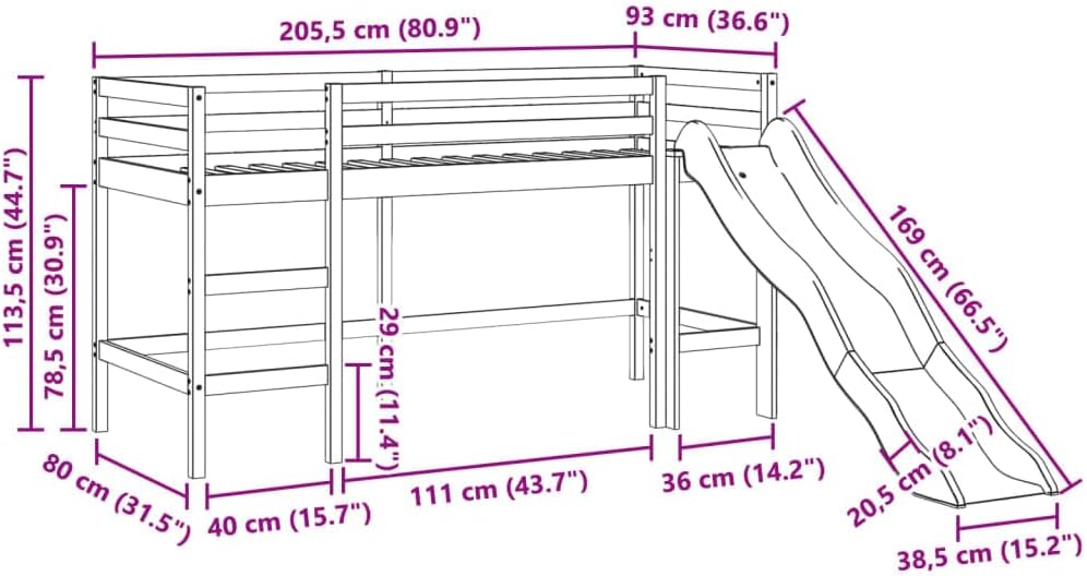 Dimensions diagram of vidaXL Kids Loft Bed