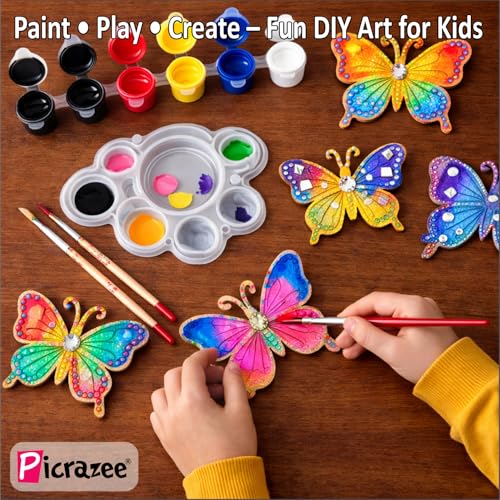 Image of PICRAZEE DIY Butterfly Painting Kit for Kids | 6 Pine MDF Butterfly Cutouts (5.5 mm Thick) with Acrylic Colors, Brushes, Palette & Magnets | Wooden Art & Craft Creative Activity Toy