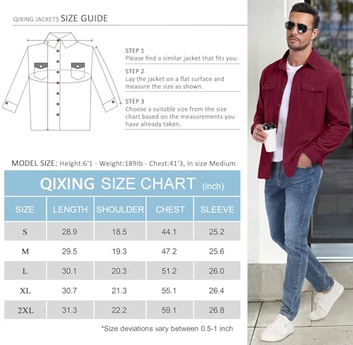 QIXING Men's Corduroy Button Down Shirts Long Sleeve Shacket Trucker Jacket Autumn Winter Coats with Flap Pockets (Wine Red, L) - Image 6