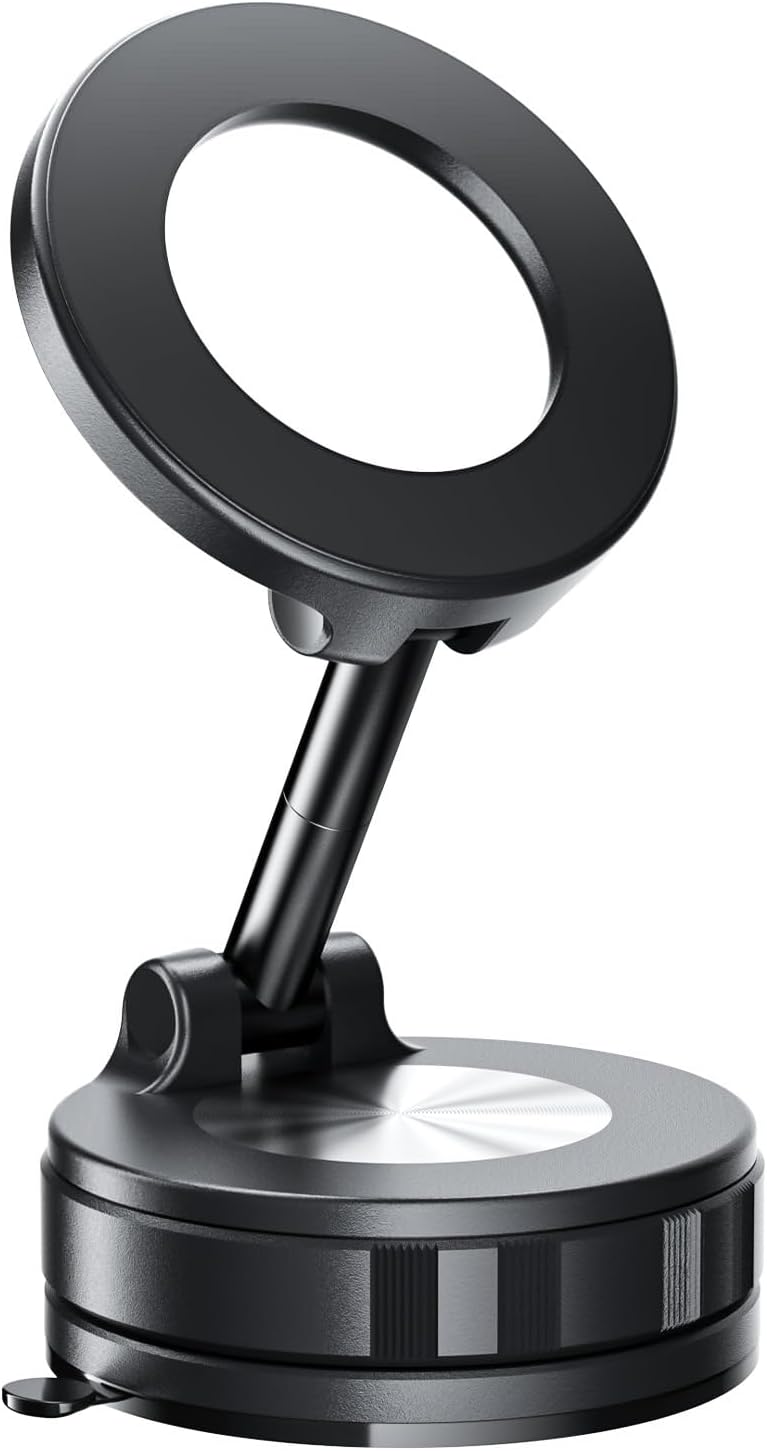 Vacuum Magnetic Suction Phone Holder for Car, Foldable Suction Cup Phone Mount for Tiktok Content Creators/Gym/Mirror/Smooth Surface, Compatible with iPhone Android and All Smartphones Black
