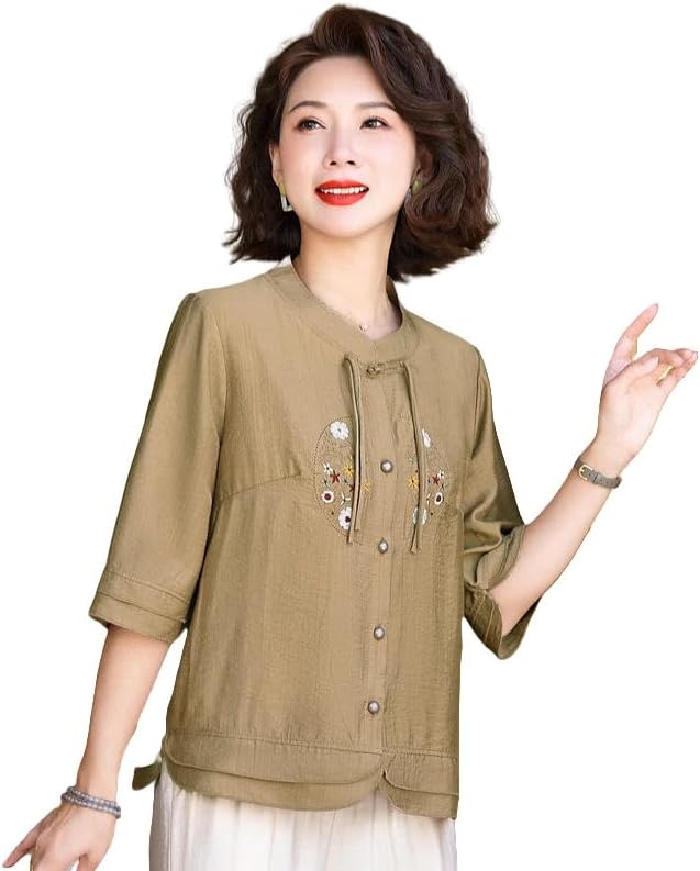 Women's Summer Casual Embroidered Mid-Sleeve Blouse Top