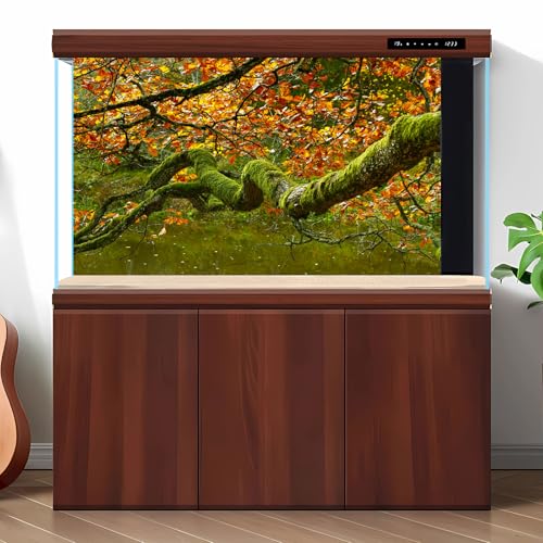 Image of Autumn Theme Aquarium Background Jungle Rainforest Lush Moss Fish Tank Background Fall Style Maple Leaf Garden Lake Reptile Tank Backgrounds Old Tropical Trees Reptile Enclosure Backgrounds 36x20in