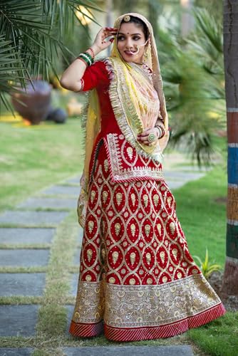 Image of Fancy Heavy Embroidery Work Shimmer Silk Semi-stitched Rajasthani Poshak Rajputi Lehenga Choli For Women