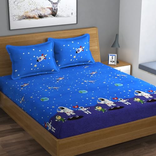 Image of Cotton Printed Bedsheet for Kids | King /Double Size Bed Bedsheet with 2 Pillow Cover | 200TC Elastic Fitted Bedsheet for Kids Room (72 inchx78 inch Upto 6 Inches,Blue, Astronaut)
