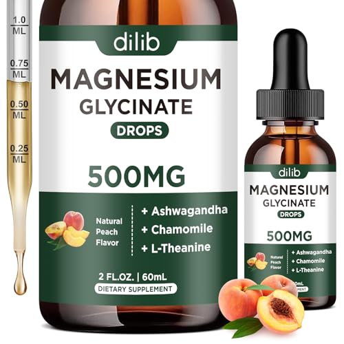 dilib Magnesium Glycinate Liquid Drops Supplement, with Magnesium Glycinate 500mg Ashwagandha, L - Theanine, Chamomile -Support Stress Relief, Bone, Muscle, Mood Peach Flavor