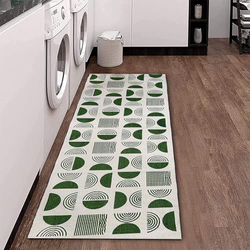 Image of SAGON 2x5 Ft Printed Runner Carpet - Cotton Bedside Rug for Bedroom & Living Room (Green Half Moon)