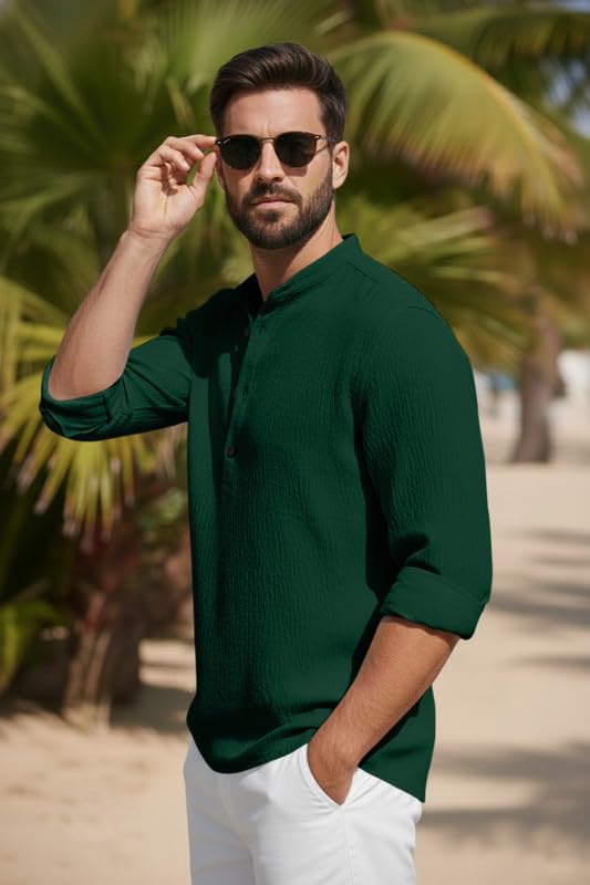 Image of Men's Cotton Blend Short Kurta with Collared Neck Full Sleeves Solid Pattern Western Style Regular Fit and Standard Length
