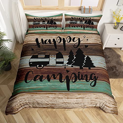 richhome Camping Rustic Duvet Cover Double Size 3 Pcs Wild Trees Cartoon RV Decor Bedding Set for Kids Teens Adults Retro Green Brown Stripes Western Style Comforter Cover with 2 Pillowcases