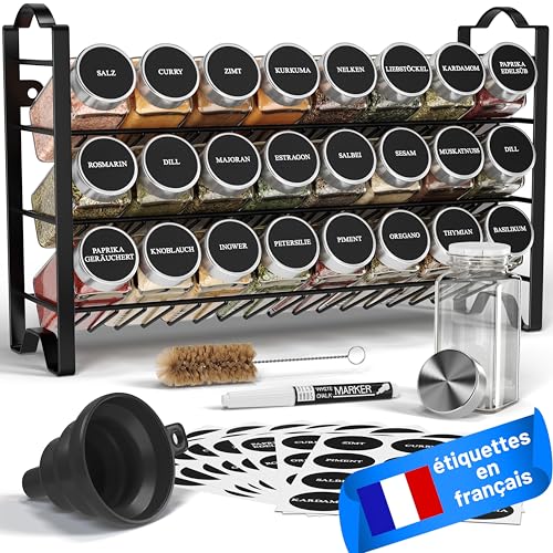 Deco haus® Etagere avec Pot a Epices Lot de 24 Boite avec Étiquettes d'épices Françaises - Rangement Cuisine