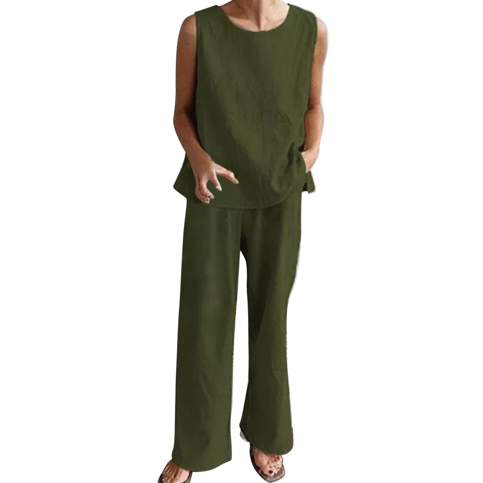 QWUVEDS Conjuntos de lino para mujer de verano de 2 piezas, sin mangas, con botones de corte en la parte trasera, parte superior recortada, pantalones de pierna ancha, juego de bolsillos