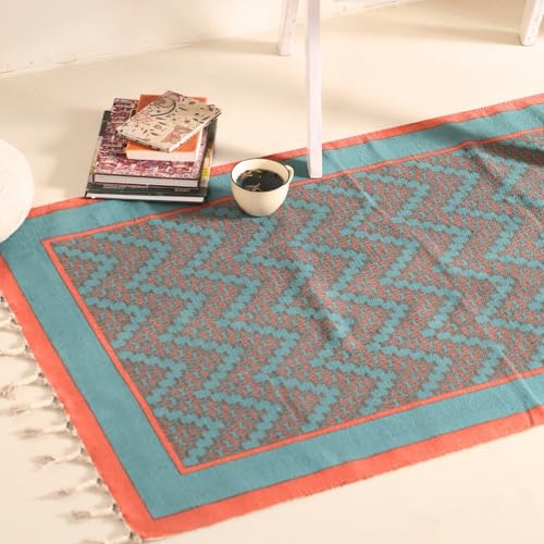 Image of Peepul Tree Handmade Pure Cotton Rug for Living Room | Multipurpose Carpet for Hall, Bed Room and Corridor | Floor Rugs | Sustainable Dhurrie Rugs | 3x5ft | Teal and Coral | Chintz Collection