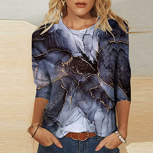 Womens Summer Tops With Sleeves Blouses And Tops Dressy Casual 2023 Trendy Summer 3/4 Sleeve Crewneck T-Shirt Boho Floral Print Shirts #TOP1