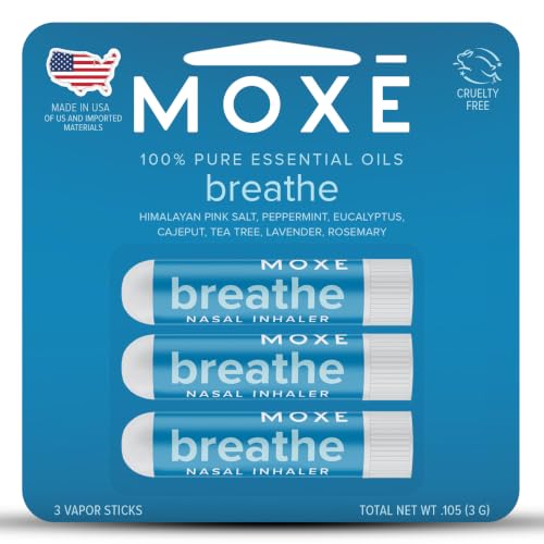 MOXE Breathe | Himalayan Salt Inhaler | Help Clear Congestion Boost Focus and Improve Breathing | Natural Aromatherapy | Peppermint Lavender and Tee Tree Essential Oil (3 Pack)