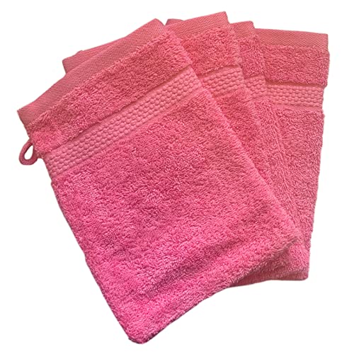 Sue Rossi Face Cloth Wash Mitt Set, 100% Organic Turkish Combed Cotton, 600GSM Thick With Hanging Loop, Size 16cm x 21cm, Flannel Glove Pack Soft & Absorbent (Pink, 4)