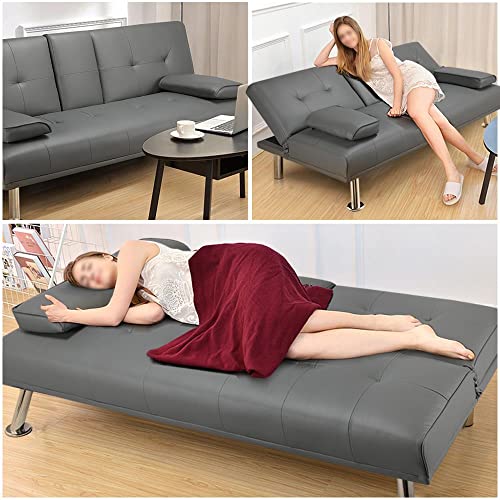 Yaheetech 3er-Sofa Schlafsofa Couch mit Tassenhalter Gästebett, Rückenlehne neigbar 105°/140°/180°, 167 x 81,5 x 75 cm, 350 KG belastbar, grau Kunstleder – Bild 7