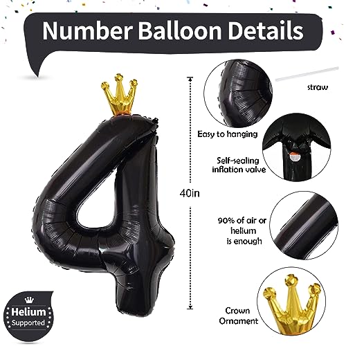 Image of Crown Number Balloons 4 for Kids, Large Black Number Balloon 0-9 Set, Foil Helium Self Inflating 40 Inch Balloons for Girls 4th Birthday Party Decor Anniversary Party Decoration Boys Supplies