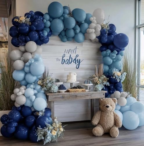 Image of Navy Blue Balloon Arch Kit - Double Stuffed Dusty Blue Pastel Blue Balloon Garland Dark Light Blue Grey Latex Balloons for Baby Bridal Shower Birthday Wedding Graduation Party Decoration