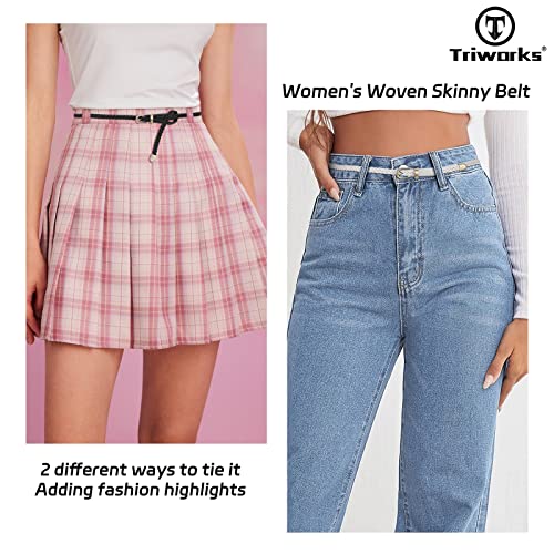 Triworks 3 Pack Women Braided Thin Belts Ladies Pu Leather Woven Skinny Belt For Dresses Pants Black/Brown/White #TOP3