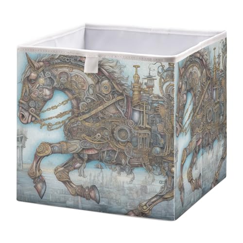 YMGQYJ Steampunk Horse Print Collapsible Storage Cube, Foldable Closet Organizers Storage Bin with Support Board for Shelf Closet Cabinet 11×11×11 IN