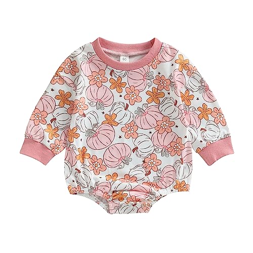 Image of Baby Halloween Outfit Girl Boy Pumpkin Patch Romper Sweatshirt Crewneck Bubble Onesie Pullover Cute Clothes (Flower, 0-3 Months)