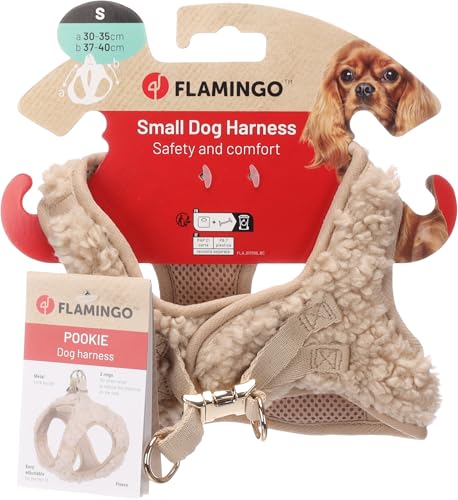 Flamingo Step&Go Hundegeschirr Pookie – Beige – Größe S (A: 30–35 cm, B: 37–40 cm, 5 mm) – Weiches Fleecegeschirr mit Klettverschluss, Klickschnalle und goldfarbenen Details