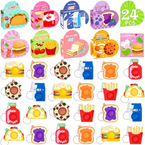 FHOZGECY Valentines Day Cards for Kids School, 24PCS Food Fidget Toys and Heart Box for Boys and Girls, Valentines Cards for Kids Classroom with Keychains, Valentines Classroom Exchange Party Favors