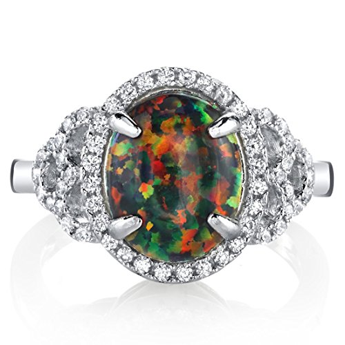 PEORA Created Black Fire Opal Large Vintage Style Ring for Women 925 Sterling Silver, 1.25 Carats Oval Shape 10x8mm, Sizes 5 to 93