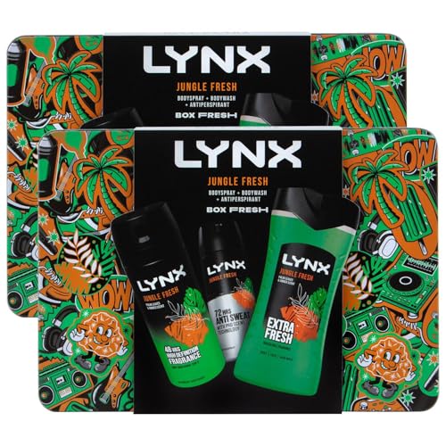 Lynx BOX FRESH Jungle Fresh 3in1 Bodywash 225 ml, 48H High Definition Fragrance Bodyspray 150 ml and 72H Anti-Sweat Antiperspirant 150 ml Gift Set for Him,2pk