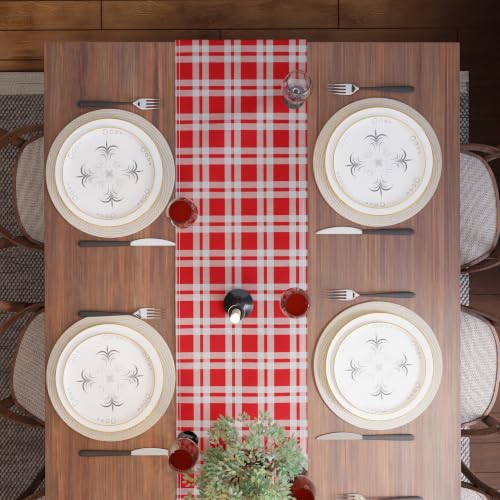 Image of Encasa XO Cotton Table Runner for 4 to 6 Seater | Size 13x72 in | Franca Red Checks - Machine Washable & Durable