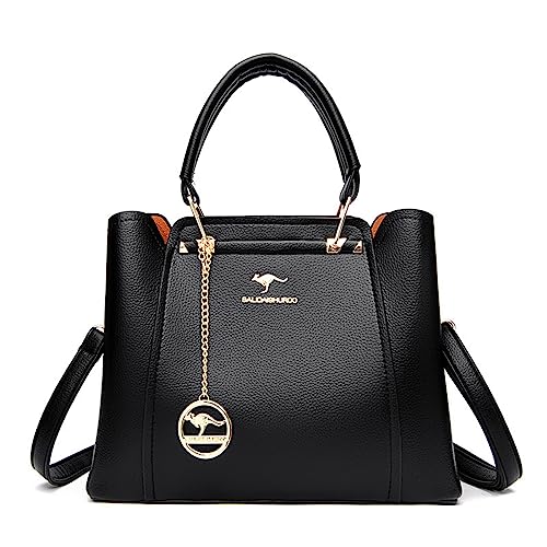 Bolsa Feminina Couro Plutônio Bolsa de Ombro Mão Transversal para Uso Diário Luxo Bolsa de Mão Multicamadas Tamanho Médio (Preto)