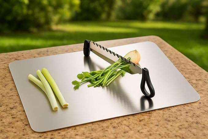 Image of Cut N CHOP Stainless Steel Kitchen Cutter & Chopping Board - Multipurpose 2-in-1 Knife and Cutting Board Tool for Fast, Safe & Effortless Chopping, Slicing and Dicing