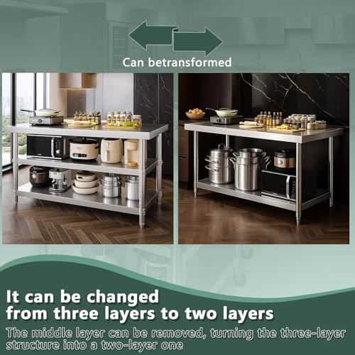 Image of Stainless Steel Table with Wheels for Food Preparation and Work, Multi-Size Optional, Three-Layer Variable Two-Layer Metal Commercial Workbench Outdoor, Restaurant, Kitchen (51 inch Lx24 Wx34 H)