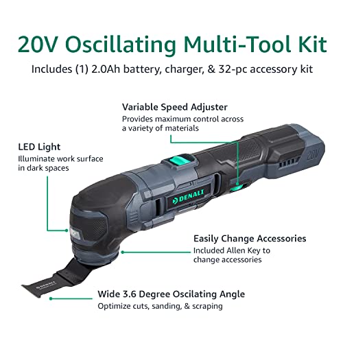 Amazon Brand - Denali By Skil 20V Cordless Oscillating Multi-Tool Kit With 32-Piece Accessory Kit, 2.0Ah Lithium Battery, 2.4A Charger, And Accessory Case #TOP3