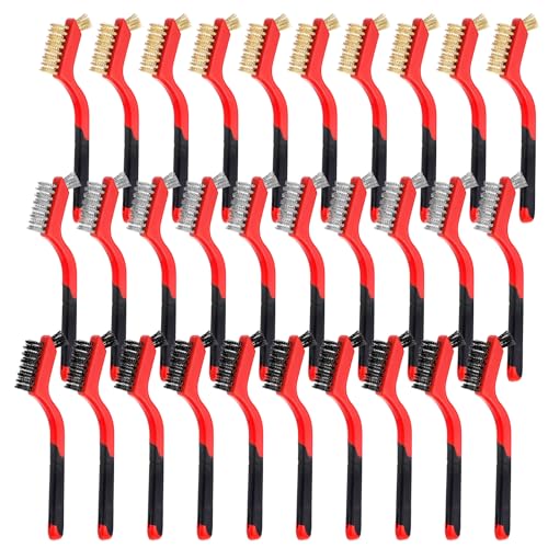 Kifmurase 30Pcs Wire Brushes for Cleaning Rust, Stainless Steel/Brass/Nylon Bristles Wire Brushes, Small Metal Brush with Curved Handle Grip, Anti-Static Polishing Brush for Delicate Surfaces
