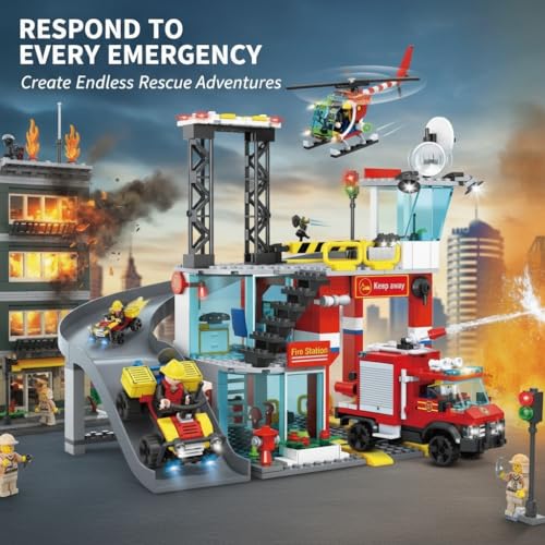 Image of SKY LINE OCEAN Fire Station Slider Building Block Set, 651+ PCS City Fire Rescue Playset with Action Slider Feature, Fire Truck & Accessories, STEM Construction Toy | 5 Year Structural Warranty