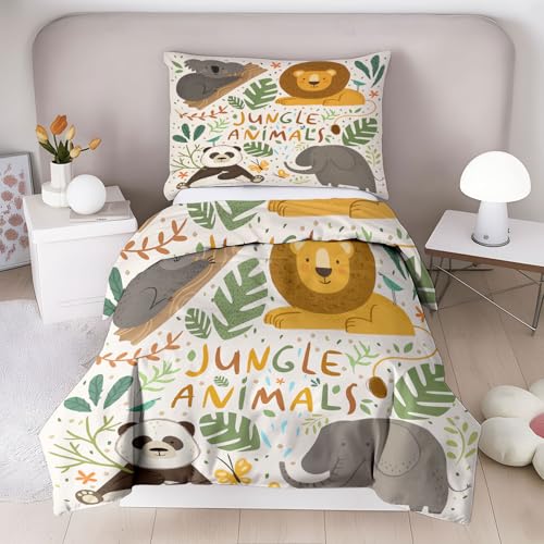 Animaux De La Jungle Parure de lit Enfant, 100% Microfibre, Oeko-TEX, Dessin animé Lion, Panda Housse de Couette 1 Personne 140x200 cm 1 Taie d'oreiller 63x63...