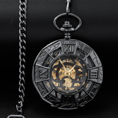 Image of Men's Mechanical Hollow Design Hand Wind Pocket Watch Roman Numerals Steampunk with Chain Box