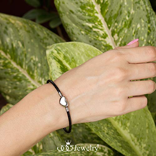555Jewelry Stainless Steel Heart Charm Bracelet, Black Bracelet For Women, Braided Leather Charm Bracelet, Black Leather Bracelet For Women - Silver Heart, 6.5 Inch #TOP3