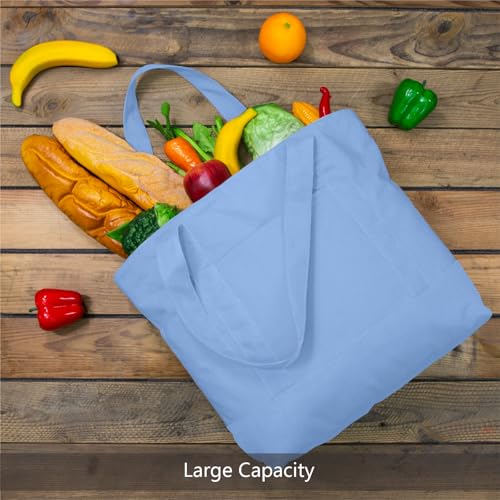 Image of TOPDesign 3-Pack Canvas Tote Bags with an External Pocket, Reusable Grocery Shopping Bags, Top Zipper Closure, Daily Essentials (Light Blue)