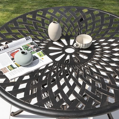 Image of NUU GARDEN 42 Inch Outdoor Round Dining Table Cast Aluminum Tabletop with 2.24 Inch Umbrella Hole Patio Garden Backyard Balcony, Black with Gold-Painted Edges