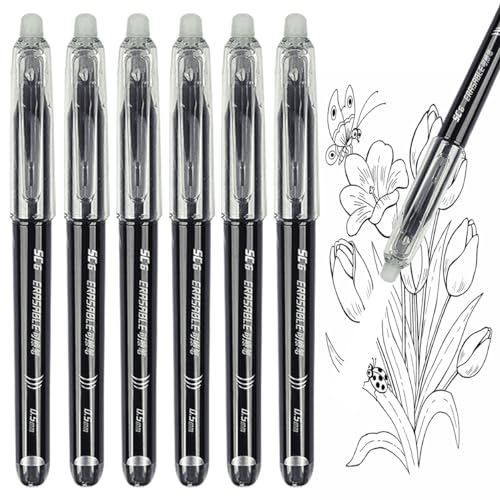 VducK Erasable Pens, Black Rub Out Pens with Rubbers on the End, 0.5mm Erasable Gel Black Pens for Writing Journaling Drawing (6)