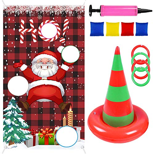 Gosear 4.25FT Christmas Bean Bag Toss Games + 1 Set Inflatable Christmas Ring Toss Game Kit for Kids Adults Christmas Party Games