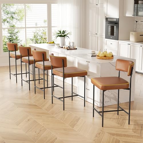 Image of Bar Stools Set of 5, Faux Leather Counter Height Barstools with Curved Back, 25 Inch Upholstered Bar Chairs, Modern Counter Stools for Kitchen lsland, Caramel