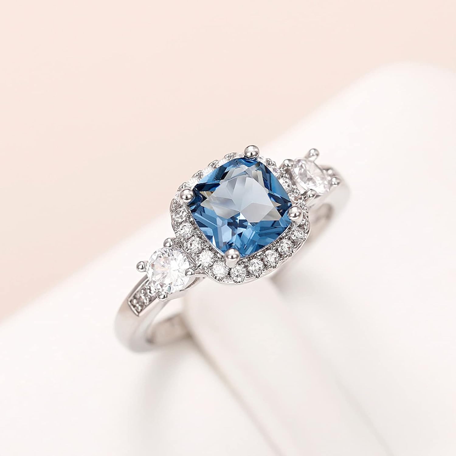 Psiroy 925 Sterling Silver Plated Cushion Cut Blue Cubic Zirconia CZ Halo Wedding Band Ring Engagement Ring for Women - Image 3