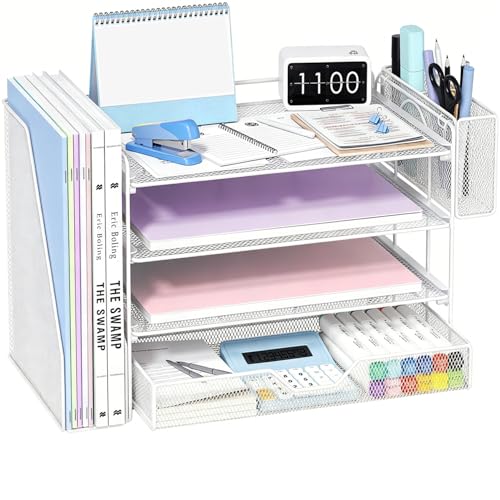 Image of OPNICE Desk Organizers and Accessories, 4-Tier Desktop File Organizer with Drawer and Pen Holders, Office Desk Accessories Workspace Organizers for Office Supplies (Soft White)