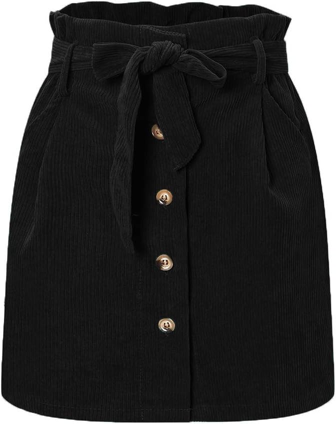 Susupeng Women Paperbag High Waist Elastic Belted Corduroy Button Front with Pockets Short Mini Skirt