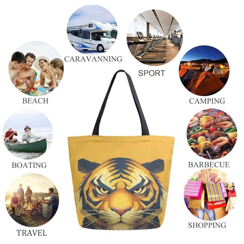 Cartoon Unhappy Tiger Orange Extra Large Canvas Gym Shoulder Tote,Durable Daily Reusable Top Handle Bag for Mens Womens Yoga Weekender Picnic Beach Travel Market Shopping4